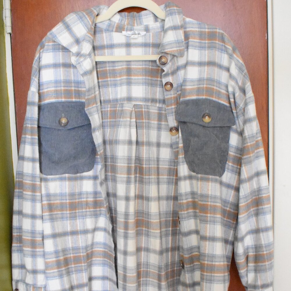Blue Plaid Corduroy Contrast Shacket